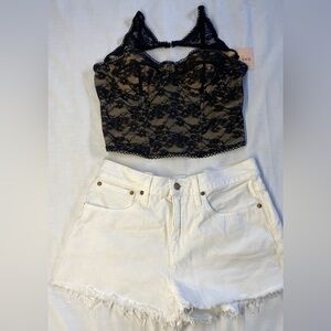 J. Crew shorts and SHEIN Black Lace Bustier Crop Top